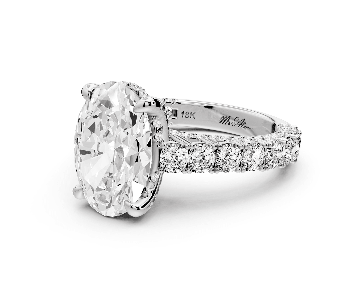 Ivy - 4ct 18k white gold oval Diamond Crown Cathedral Rollover Pavé Engagement Ring - Mr. Alex Jewelry