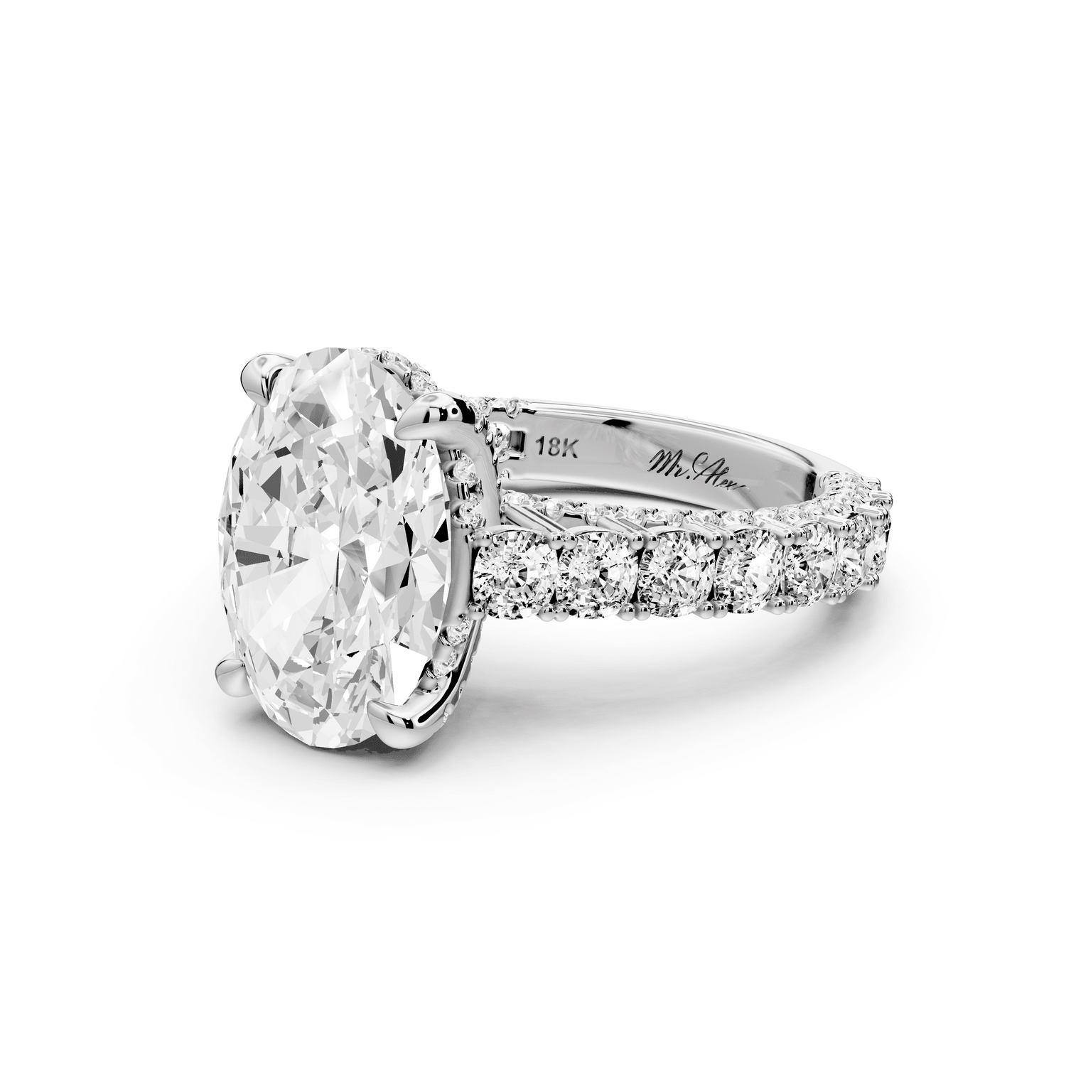 Ivy - 4ct 18k white gold oval Diamond Crown Cathedral Rollover Pavé Engagement Ring - Mr. Alex Jewelry