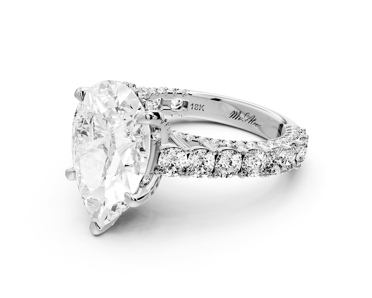 Ivy - 4ct 18k white gold pear Diamond Crown Cathedral Rollover Pavé Engagement Ring - Mr. Alex Jewelry