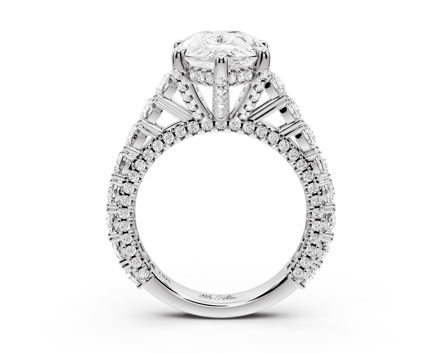 Ivy - 4ct 18k white gold pear Diamond Crown Cathedral Rollover Pavé Engagement Ring - Mr. Alex Jewelry