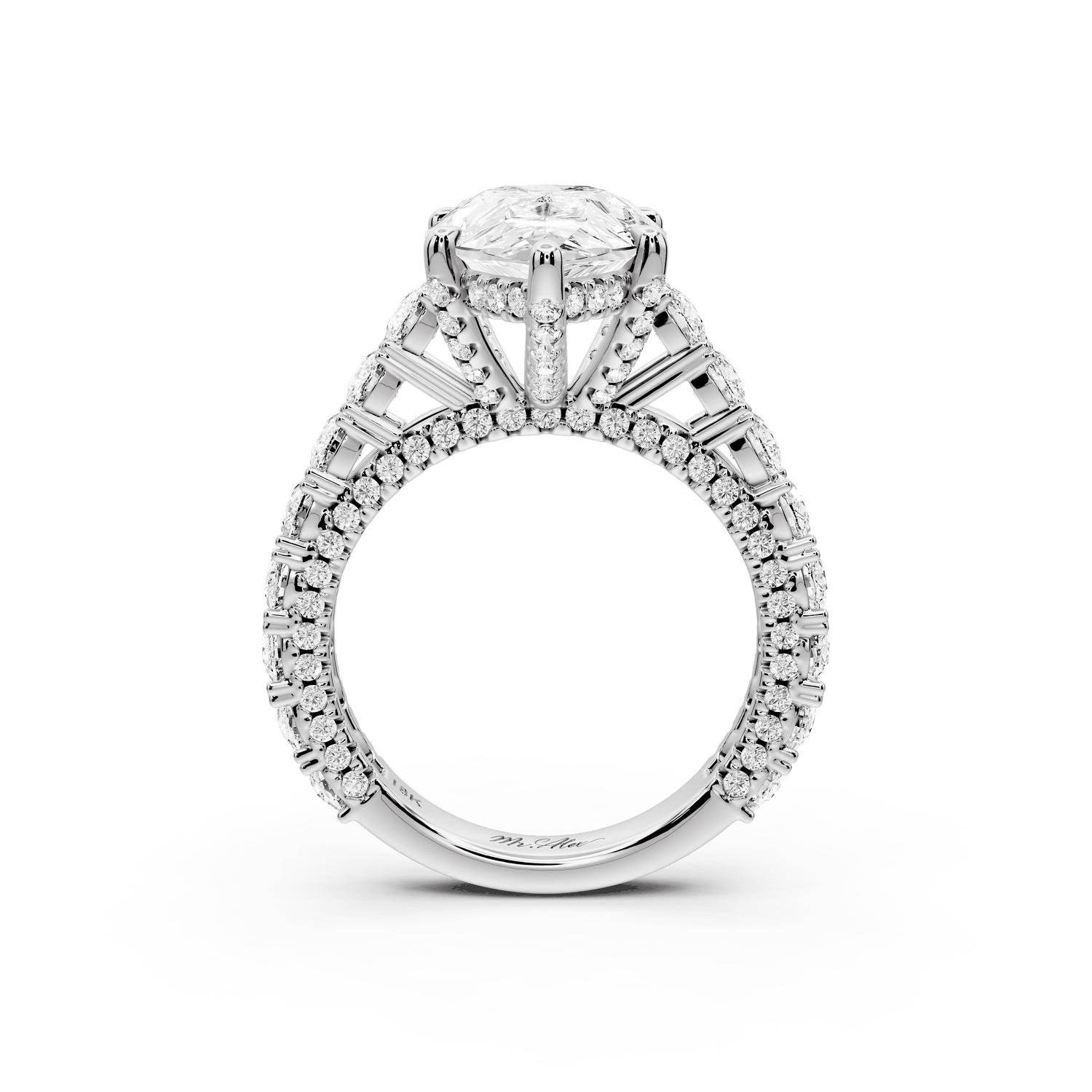 Ivy - 4ct 18k white gold pear Diamond Crown Cathedral Rollover Pavé Engagement Ring - Mr. Alex Jewelry