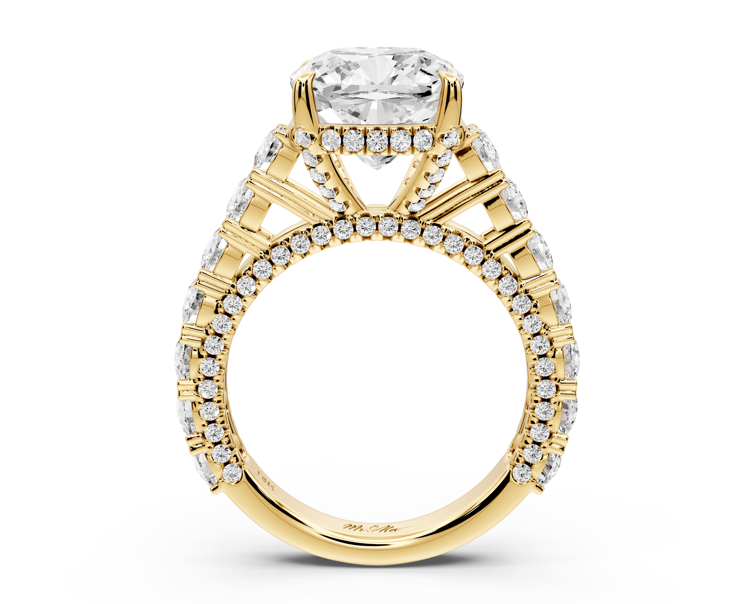 Ivy - 4ct 18k yellow gold cushion Diamond Crown Cathedral Rollover Pavé Engagement Ring - Mr. Alex Jewelry