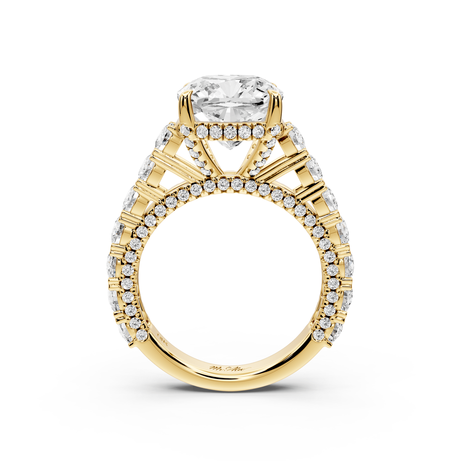 Ivy - 4ct 18k yellow gold cushion Diamond Crown Cathedral Rollover Pavé Engagement Ring - Mr. Alex Jewelry