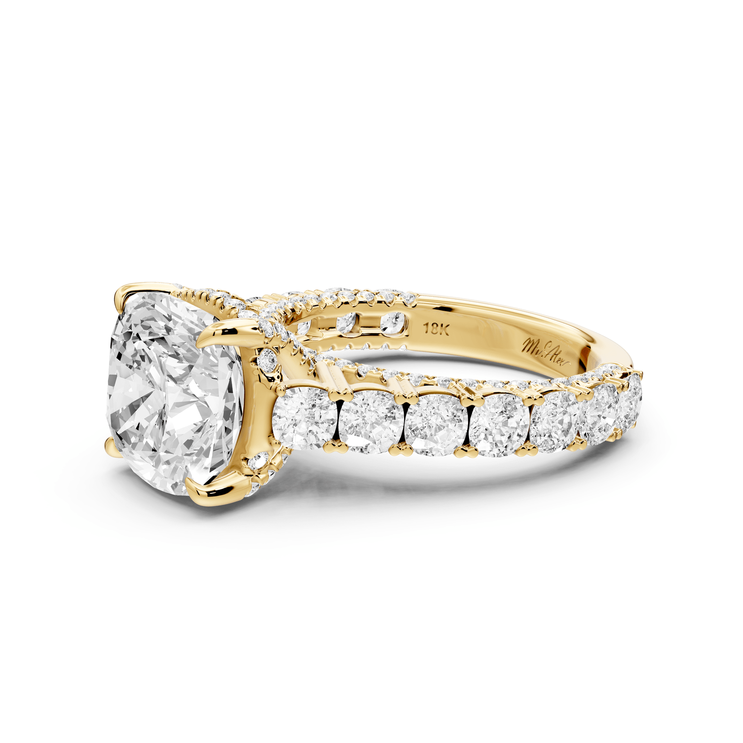Ivy - 4ct 18k yellow gold cushion Diamond Crown Cathedral Rollover Pavé Engagement Ring - Mr. Alex Jewelry