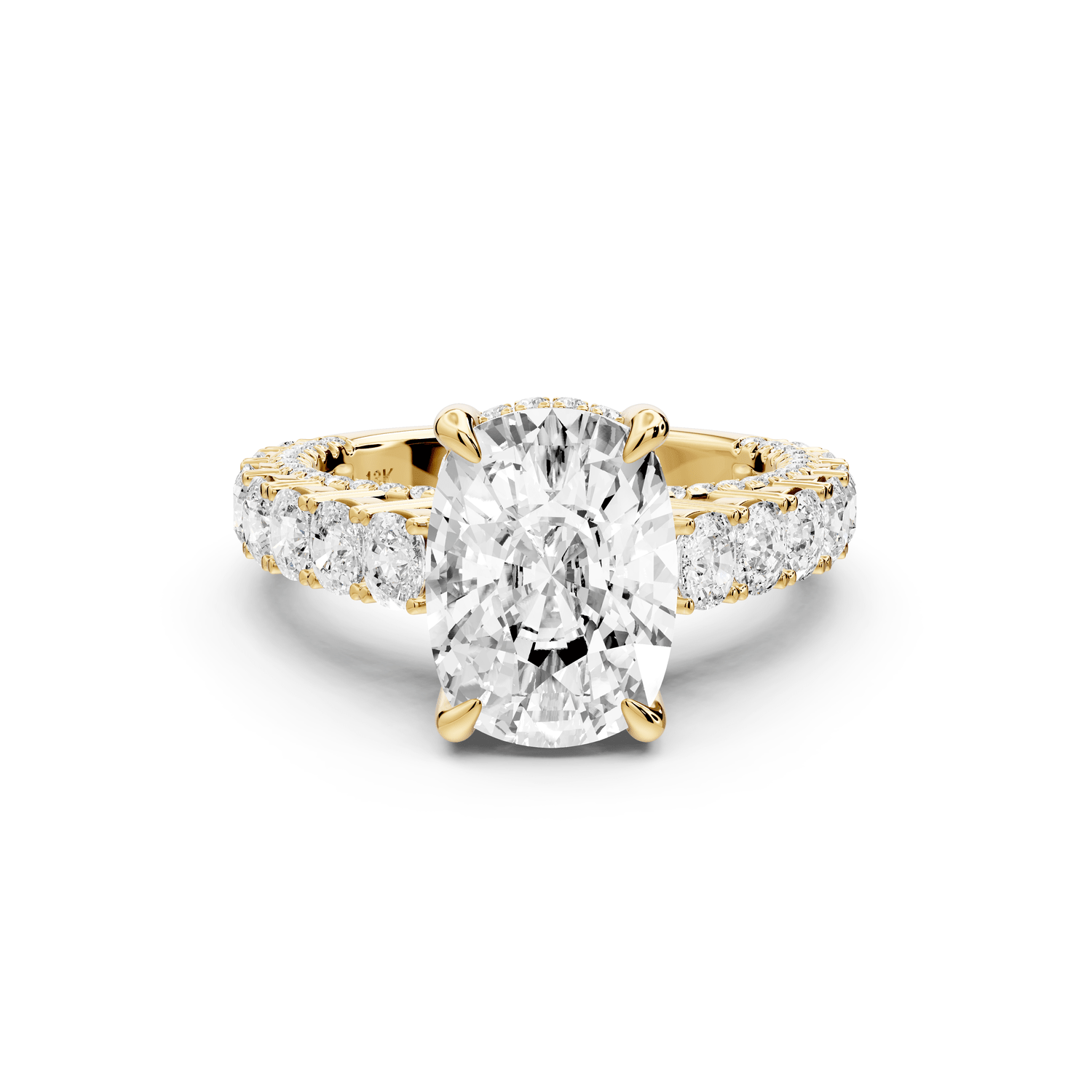 Ivy - 4ct 18k yellow gold ecushion Diamond Crown Cathedral Rollover Pavé Engagement Ring - Mr. Alex Jewelry