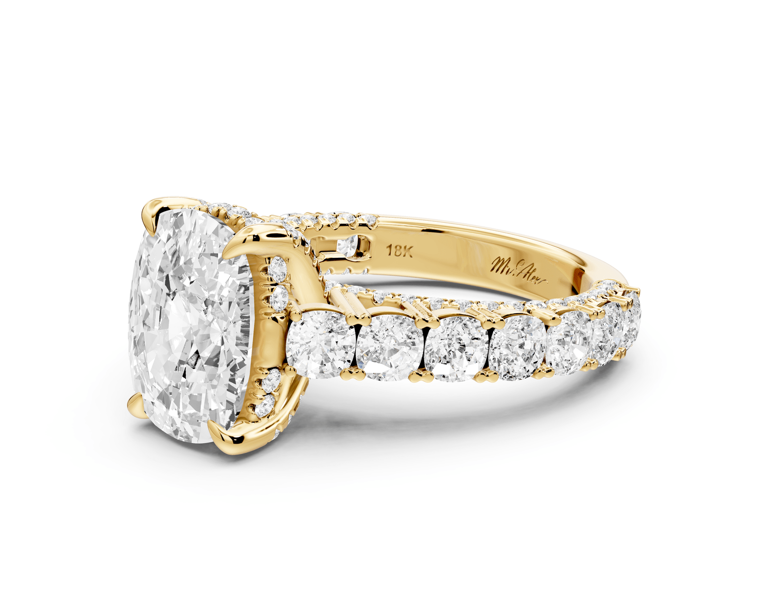 Ivy - 4ct 18k yellow gold ecushion Diamond Crown Cathedral Rollover Pavé Engagement Ring - Mr. Alex Jewelry
