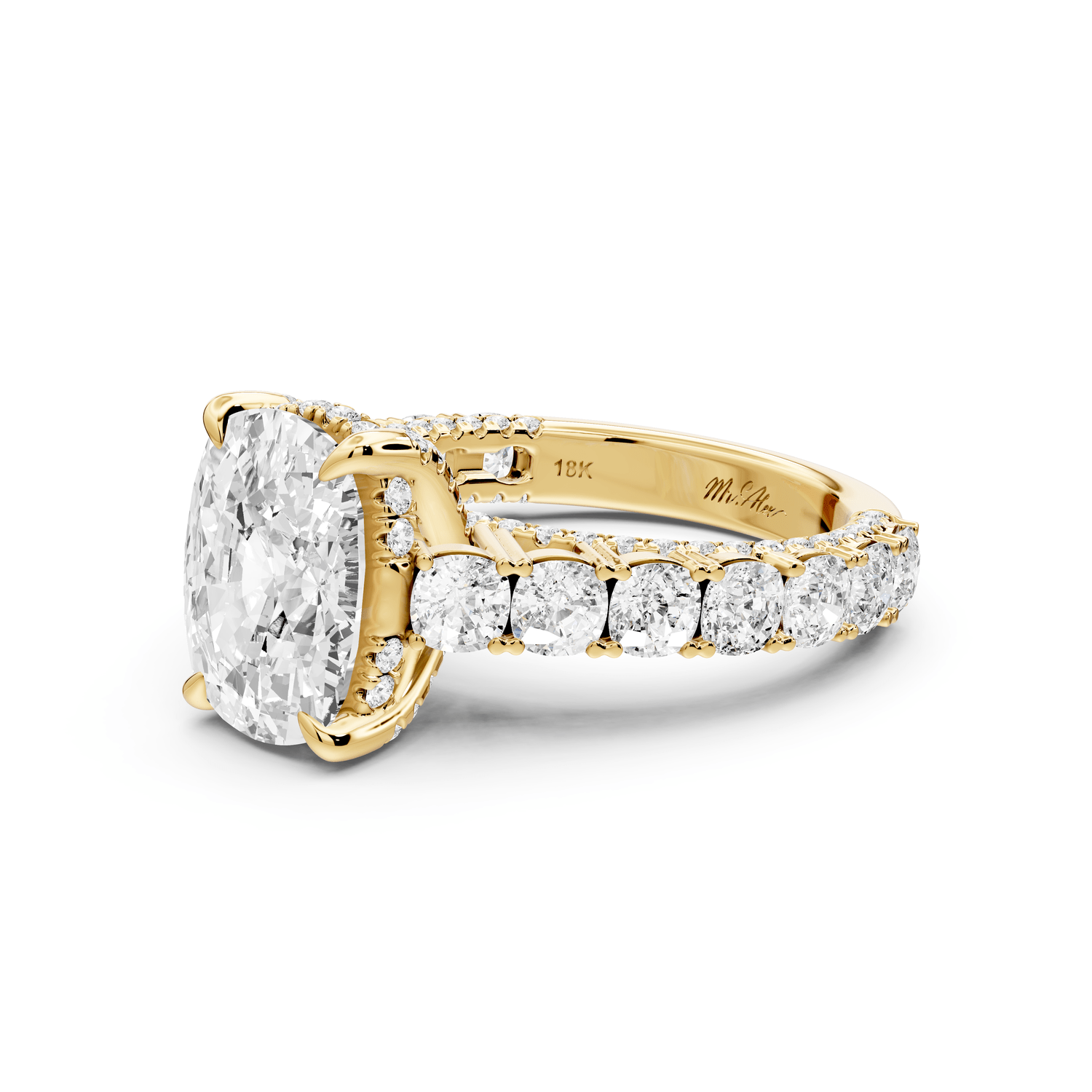 Ivy - 4ct 18k yellow gold ecushion Diamond Crown Cathedral Rollover Pavé Engagement Ring - Mr. Alex Jewelry