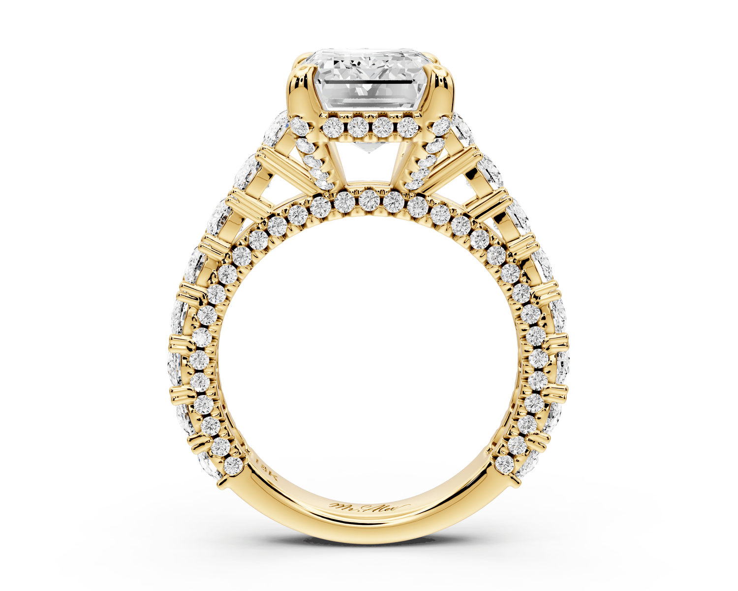 Ivy - 4ct 18k yellow gold emerald Diamond Crown Cathedral Rollover Pavé Engagement Ring - Mr. Alex Jewelry