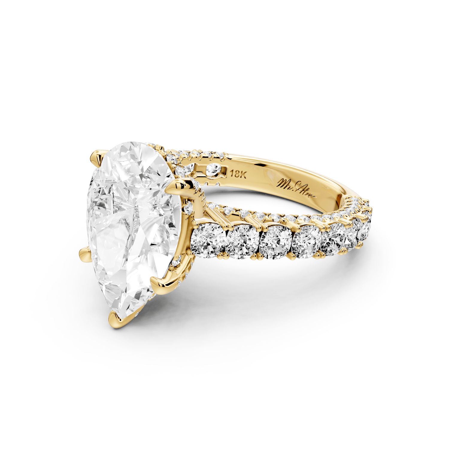Ivy - 4ct 18k yellow gold pear Diamond Crown Cathedral Rollover Pavé Engagement Ring - Mr. Alex Jewelry