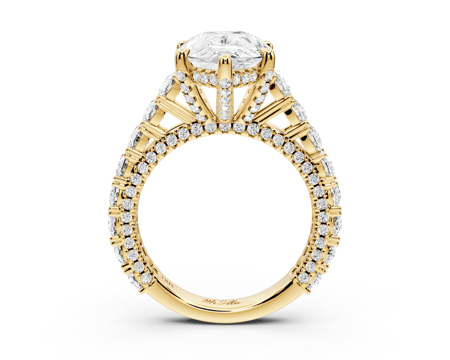 Ivy - 4ct 18k yellow gold pear Diamond Crown Cathedral Rollover Pavé Engagement Ring - Mr. Alex Jewelry
