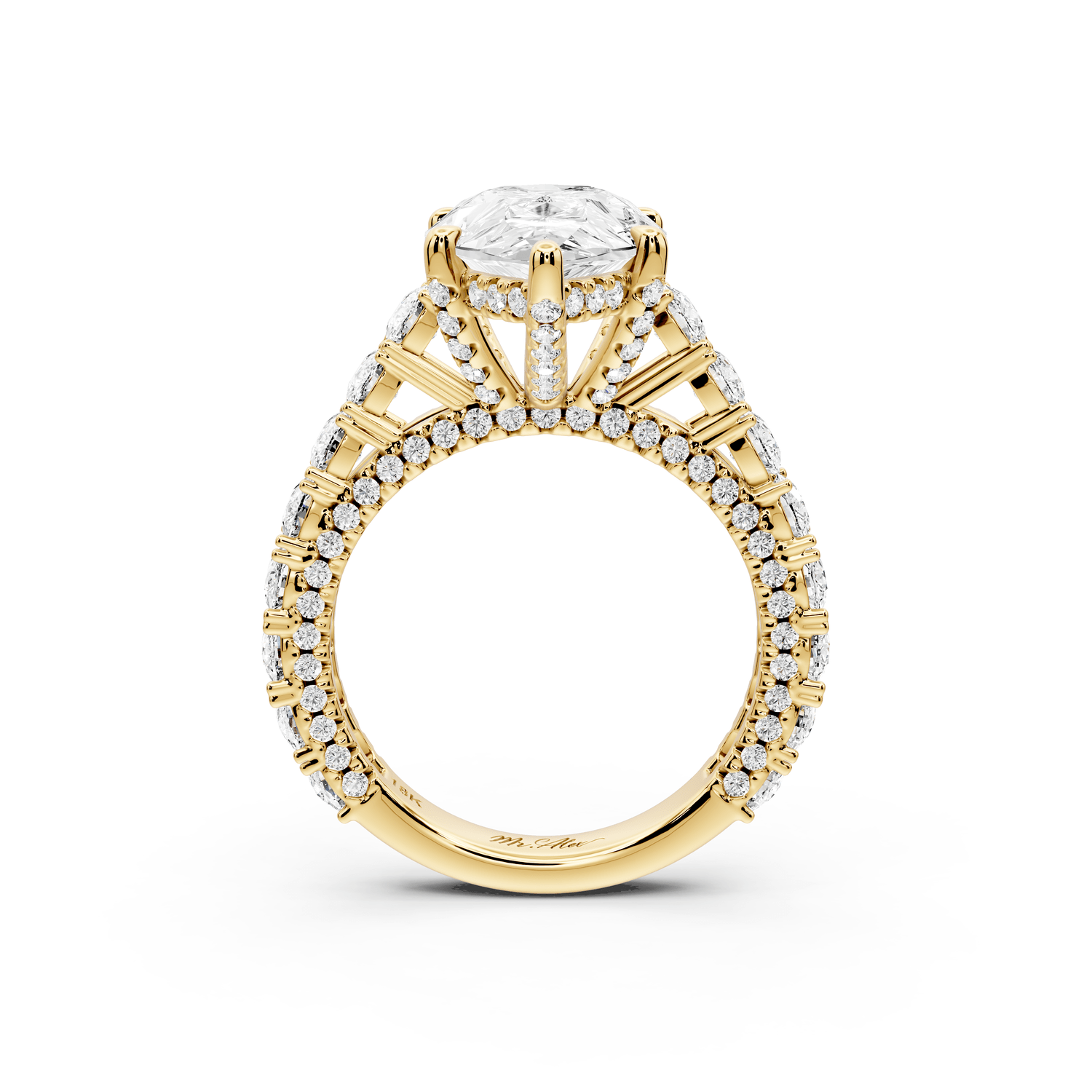 Ivy - 4ct 18k yellow gold pear Diamond Crown Cathedral Rollover Pavé Engagement Ring - Mr. Alex Jewelry