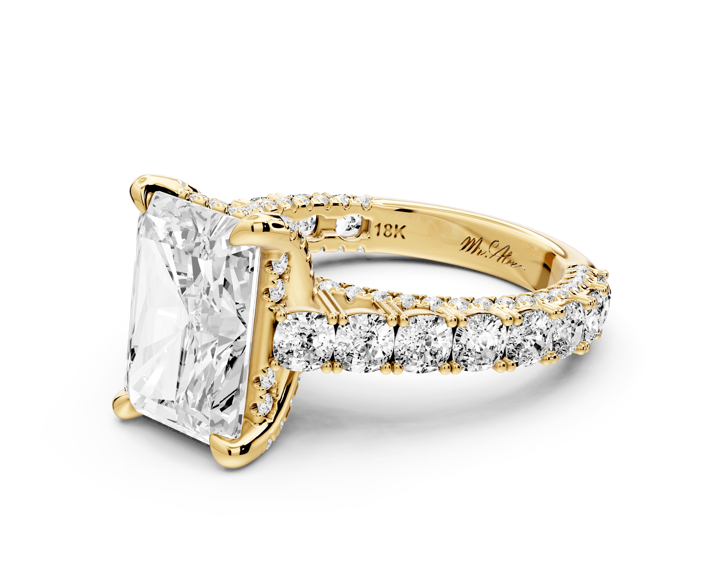 Ivy - 4ct 18k yellow gold radiant Diamond Crown Cathedral Rollover Pavé Engagement Ring - Mr. Alex Jewelry