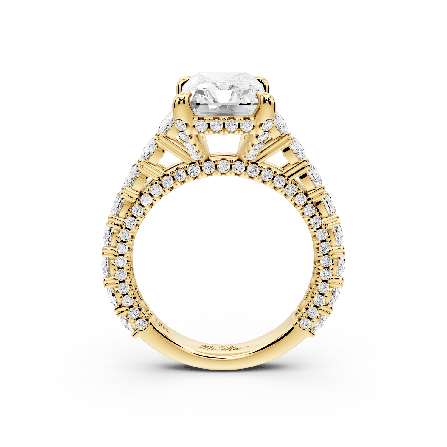 Ivy - 4ct 18k yellow gold radiant Diamond Crown Cathedral Rollover Pavé Engagement Ring - Mr. Alex Jewelry