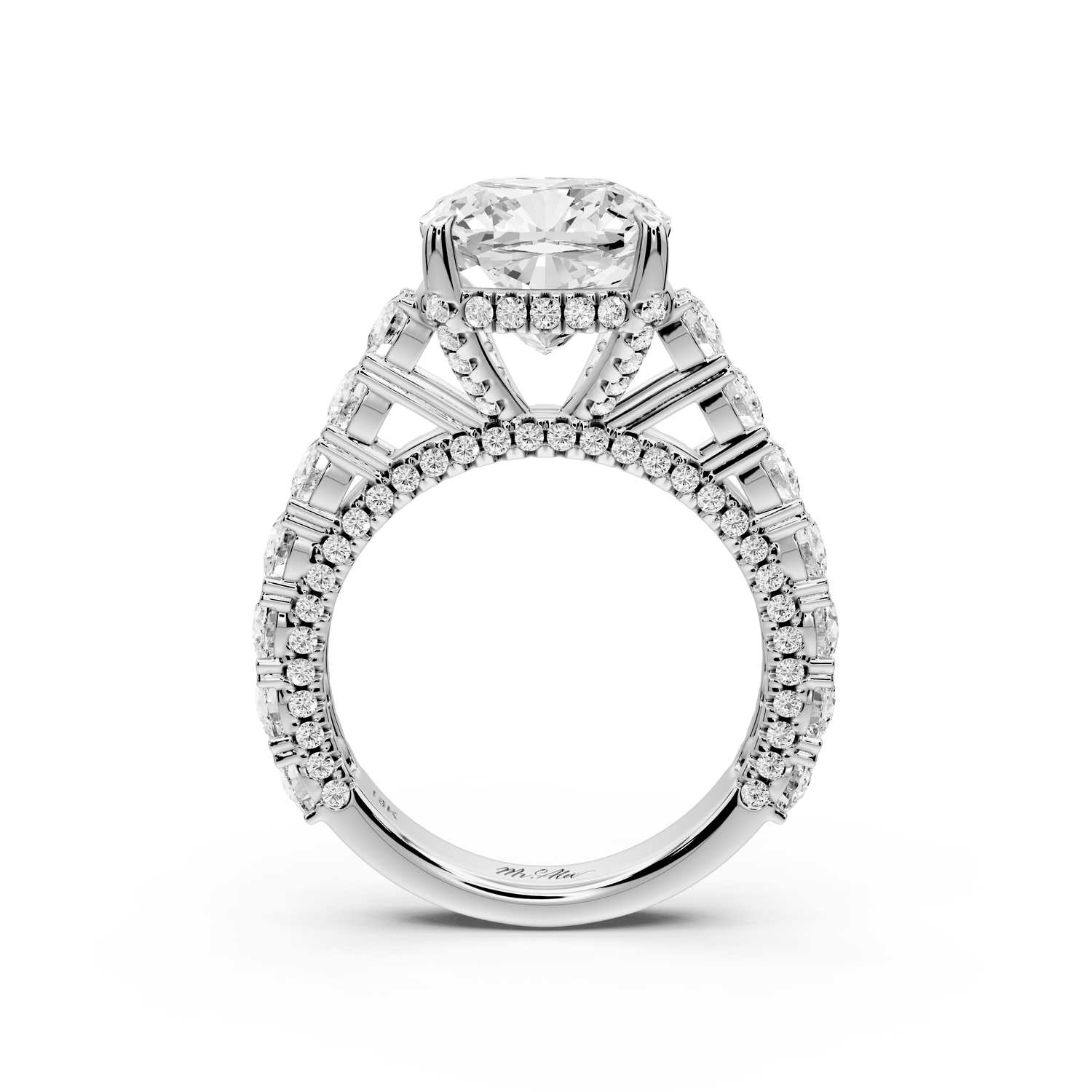 Ivy - 4ct platinum cushion Diamond Crown Cathedral Rollover Pavé Engagement Ring - Mr. Alex Jewelry