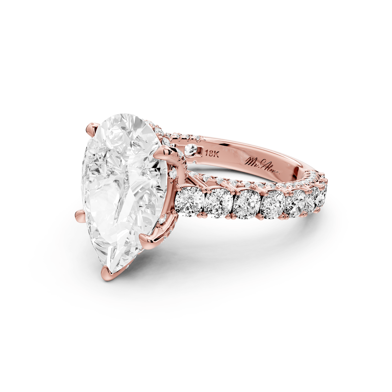Ivy - 5ct 18k rose gold pear Diamond Crown Cathedral Rollover Pavé Engagement Ring - Mr. Alex Jewelry