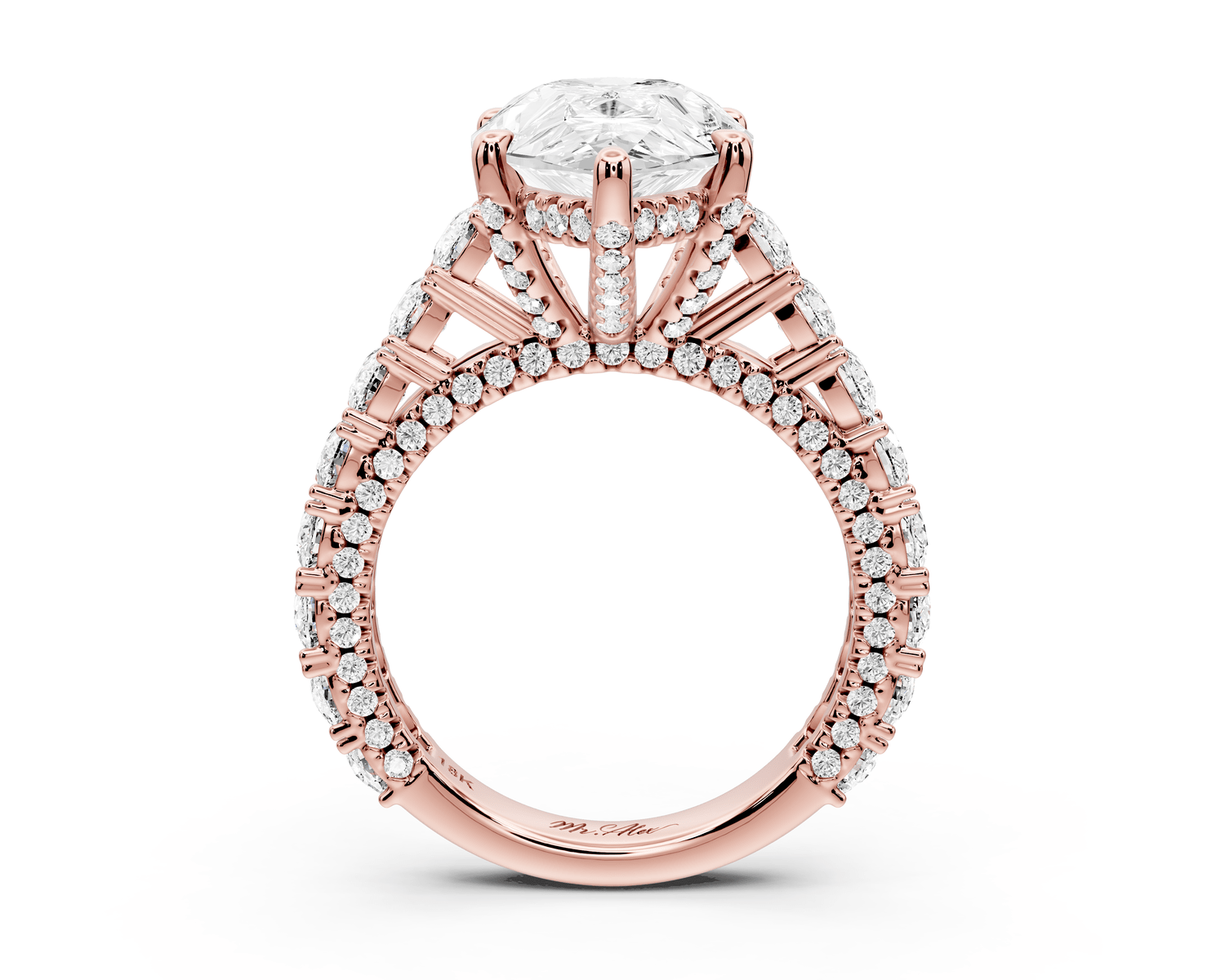Ivy - 5ct 18k rose gold pear Diamond Crown Cathedral Rollover Pavé Engagement Ring - Mr. Alex Jewelry