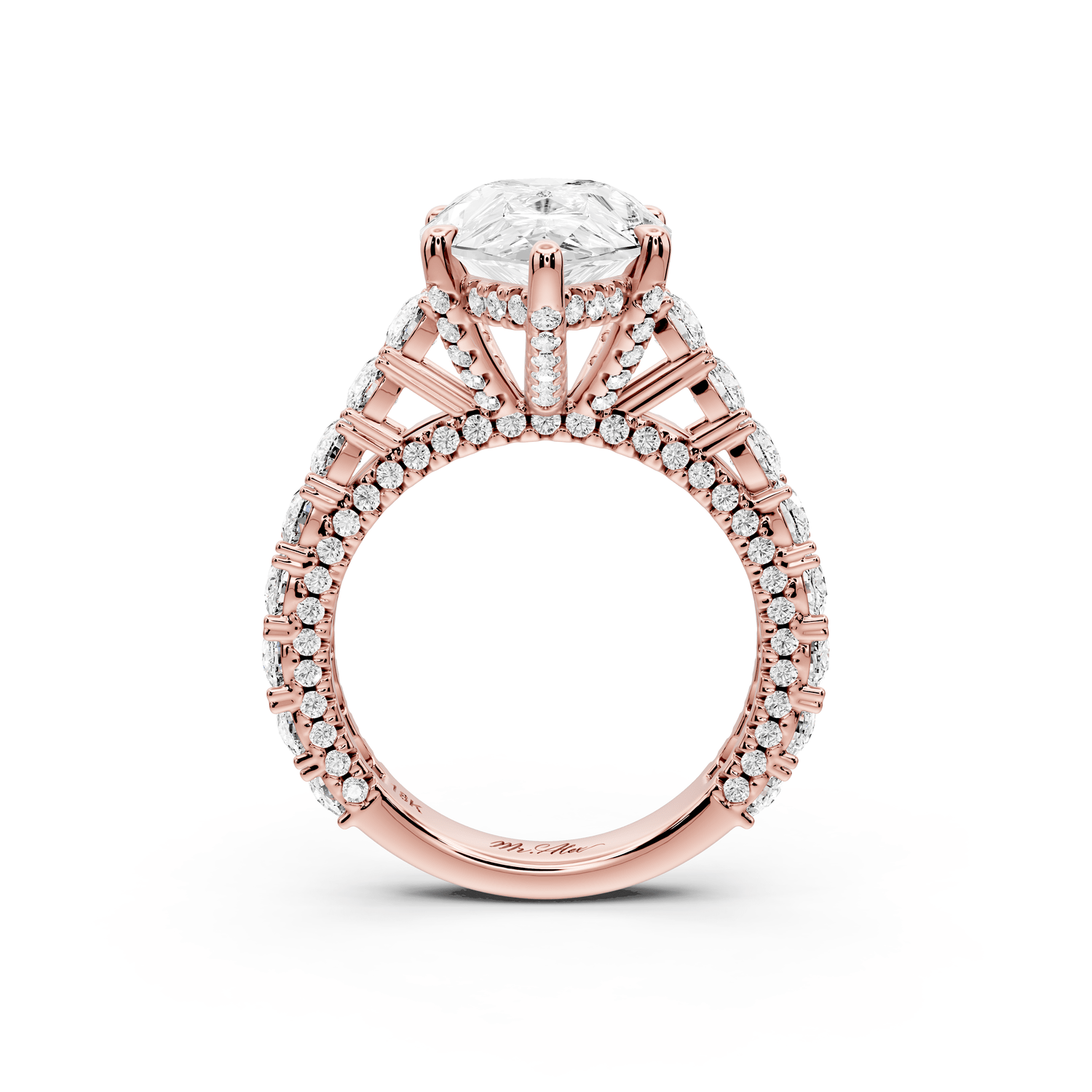 Ivy - 5ct 18k rose gold pear Diamond Crown Cathedral Rollover Pavé Engagement Ring - Mr. Alex Jewelry