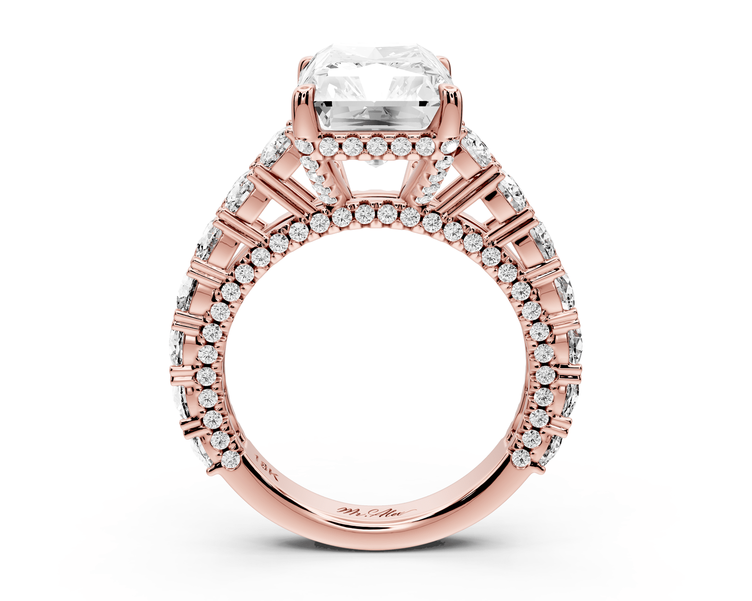 Ivy - 5ct 18k rose gold radiant Diamond Crown Cathedral Rollover Pavé Engagement Ring - Mr. Alex Jewelry