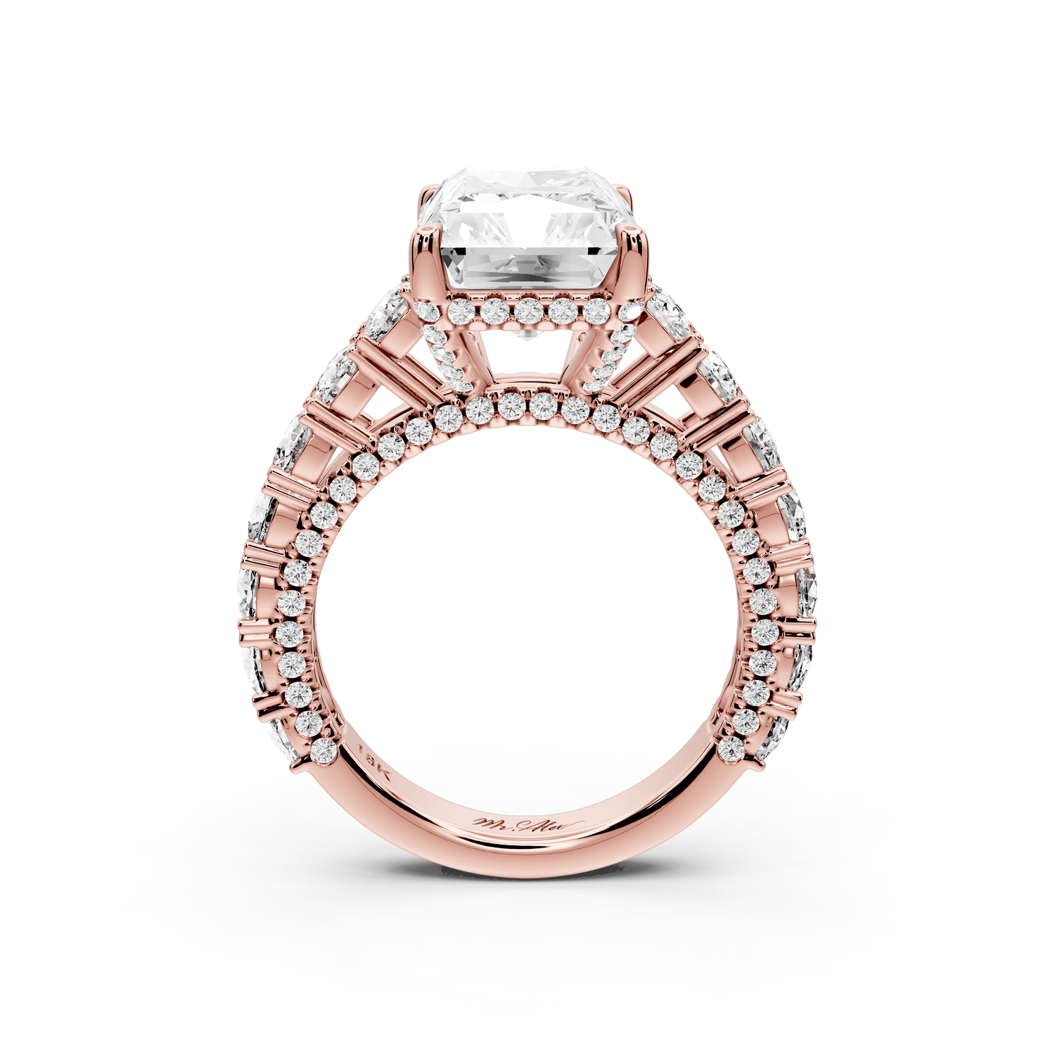 Ivy - 5ct 18k rose gold radiant Diamond Crown Cathedral Rollover Pavé Engagement Ring - Mr. Alex Jewelry