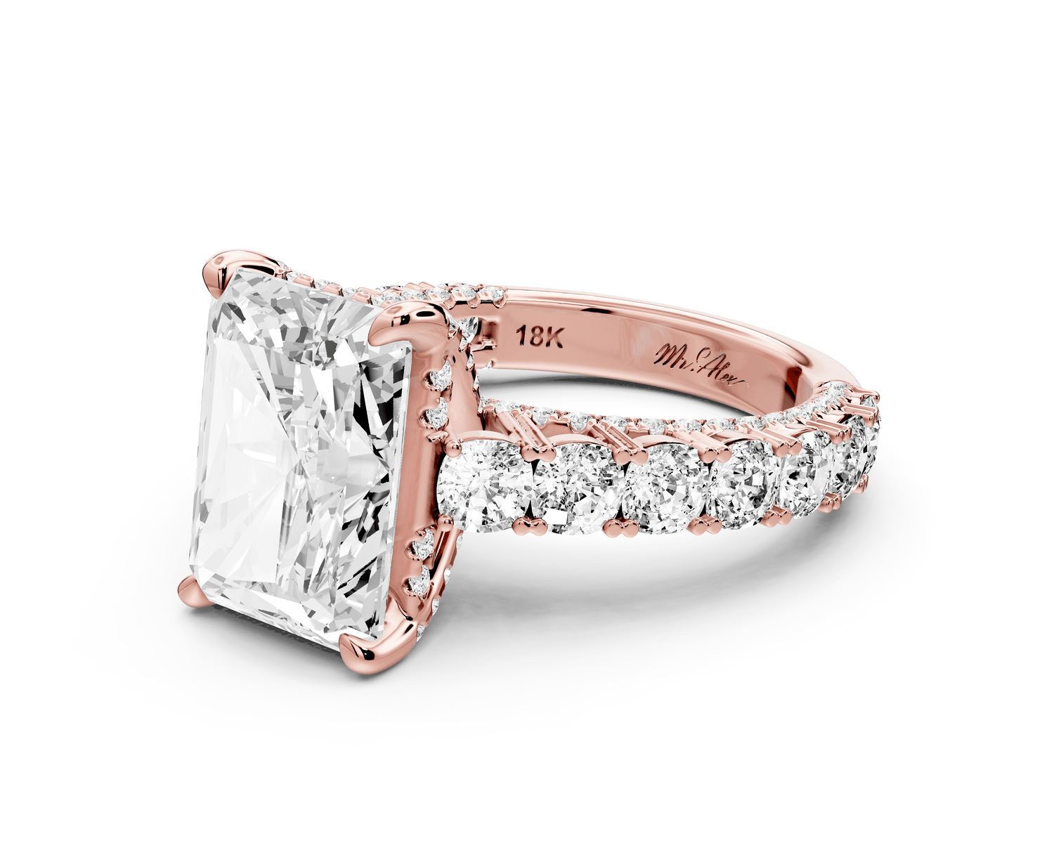 Ivy - 5ct 18k rose gold radiant Diamond Crown Cathedral Rollover Pavé Engagement Ring - Mr. Alex Jewelry
