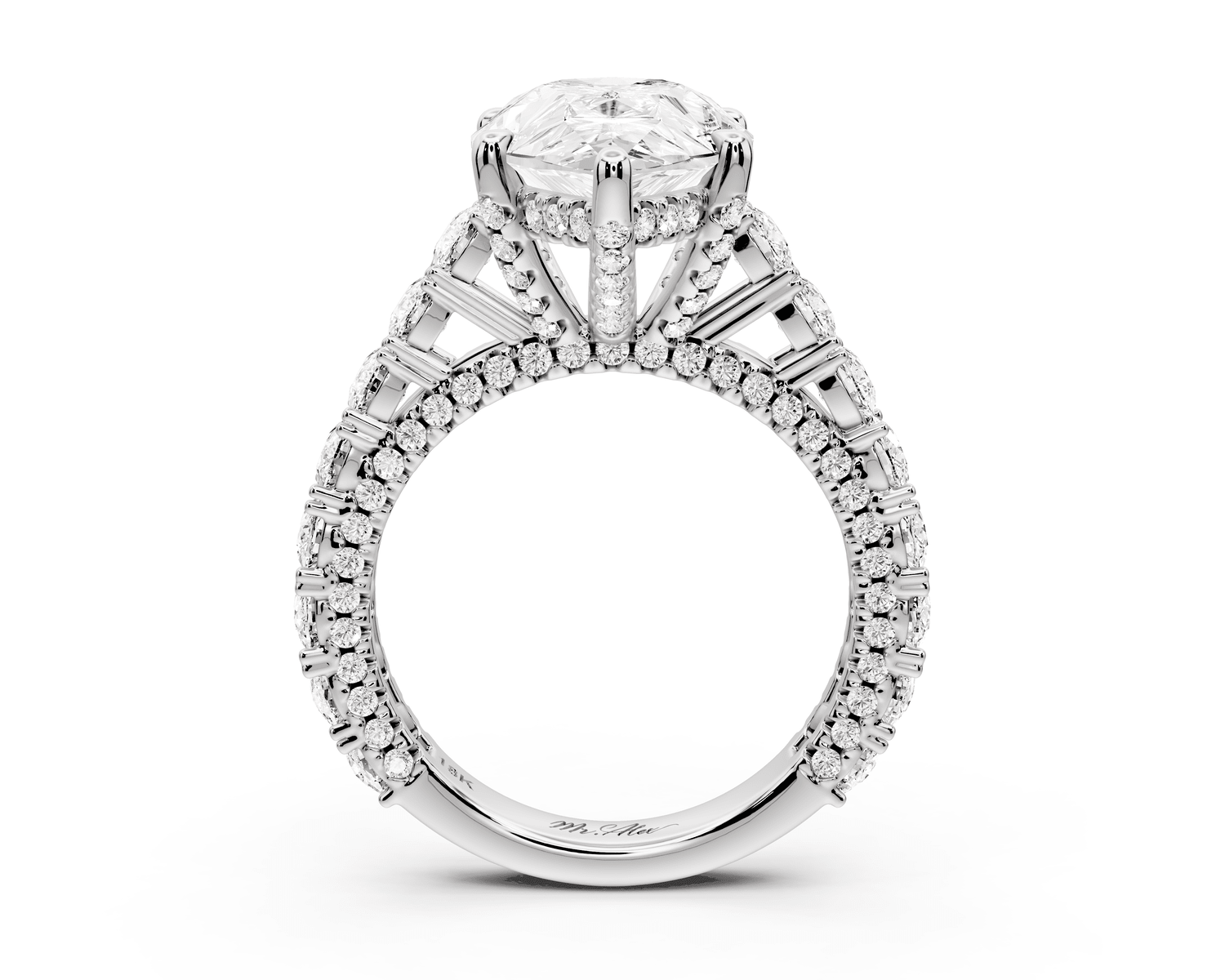 Ivy - 5ct 18k white gold pear Diamond Crown Cathedral Rollover Pavé Engagement Ring - Mr. Alex Jewelry