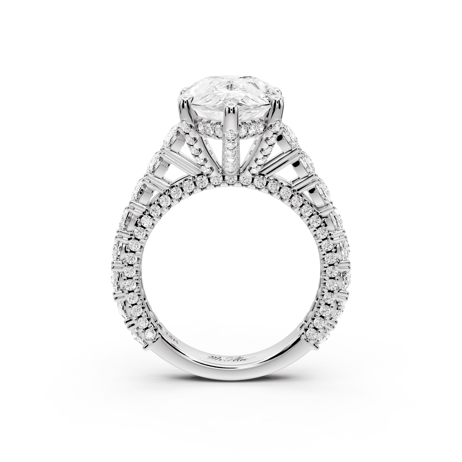 Ivy - 5ct 18k white gold pear Diamond Crown Cathedral Rollover Pavé Engagement Ring - Mr. Alex Jewelry