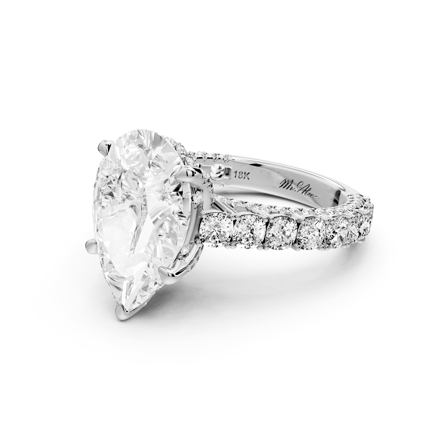 Ivy - 5ct 18k white gold pear Diamond Crown Cathedral Rollover Pavé Engagement Ring - Mr. Alex Jewelry