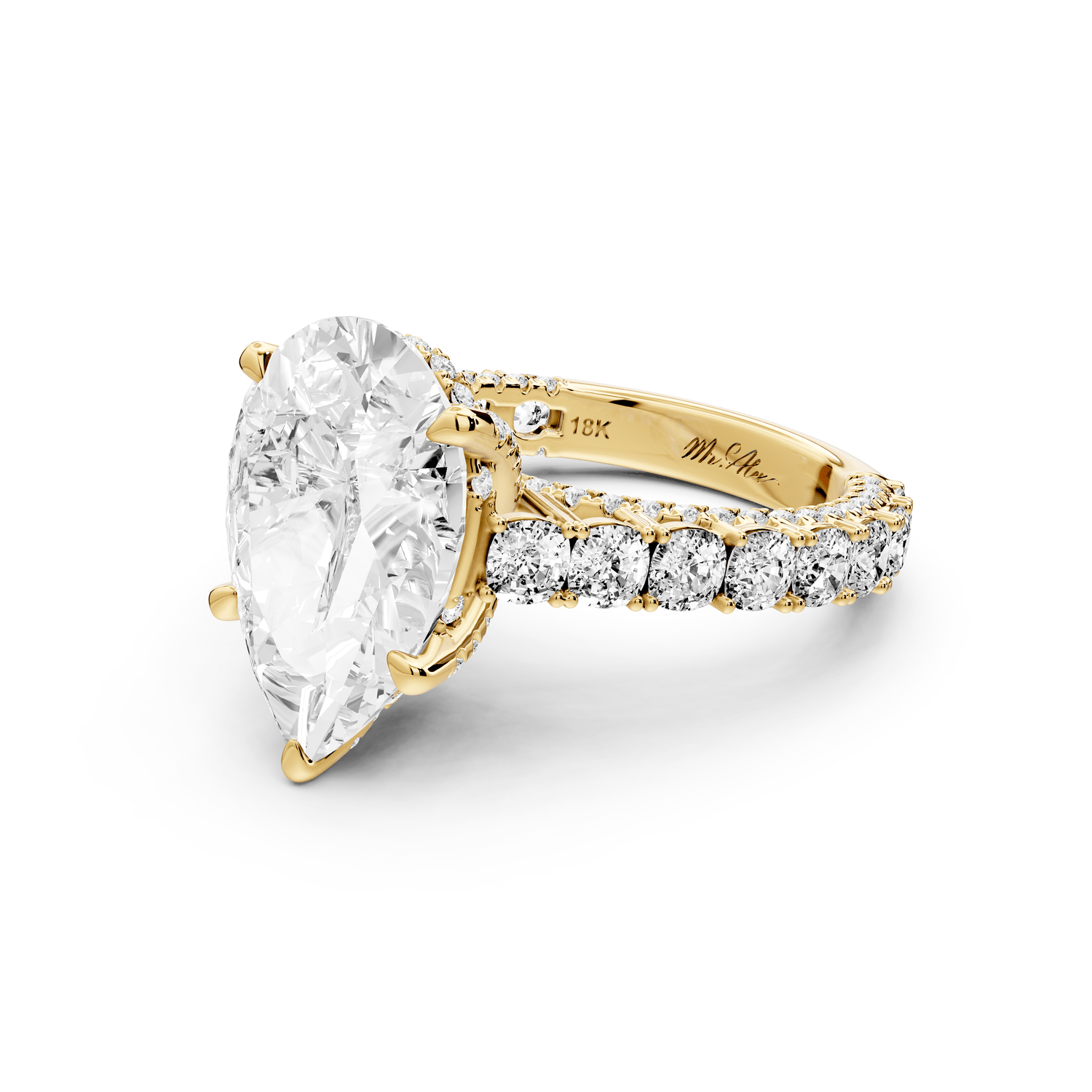Ivy - 5ct 18k yellow gold pear Diamond Crown Cathedral Rollover Pavé Engagement Ring - Mr. Alex Jewelry
