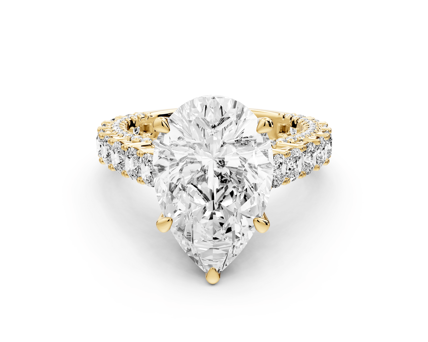 Ivy - 5ct 18k yellow gold pear Diamond Crown Cathedral Rollover Pavé Engagement Ring - Mr. Alex Jewelry