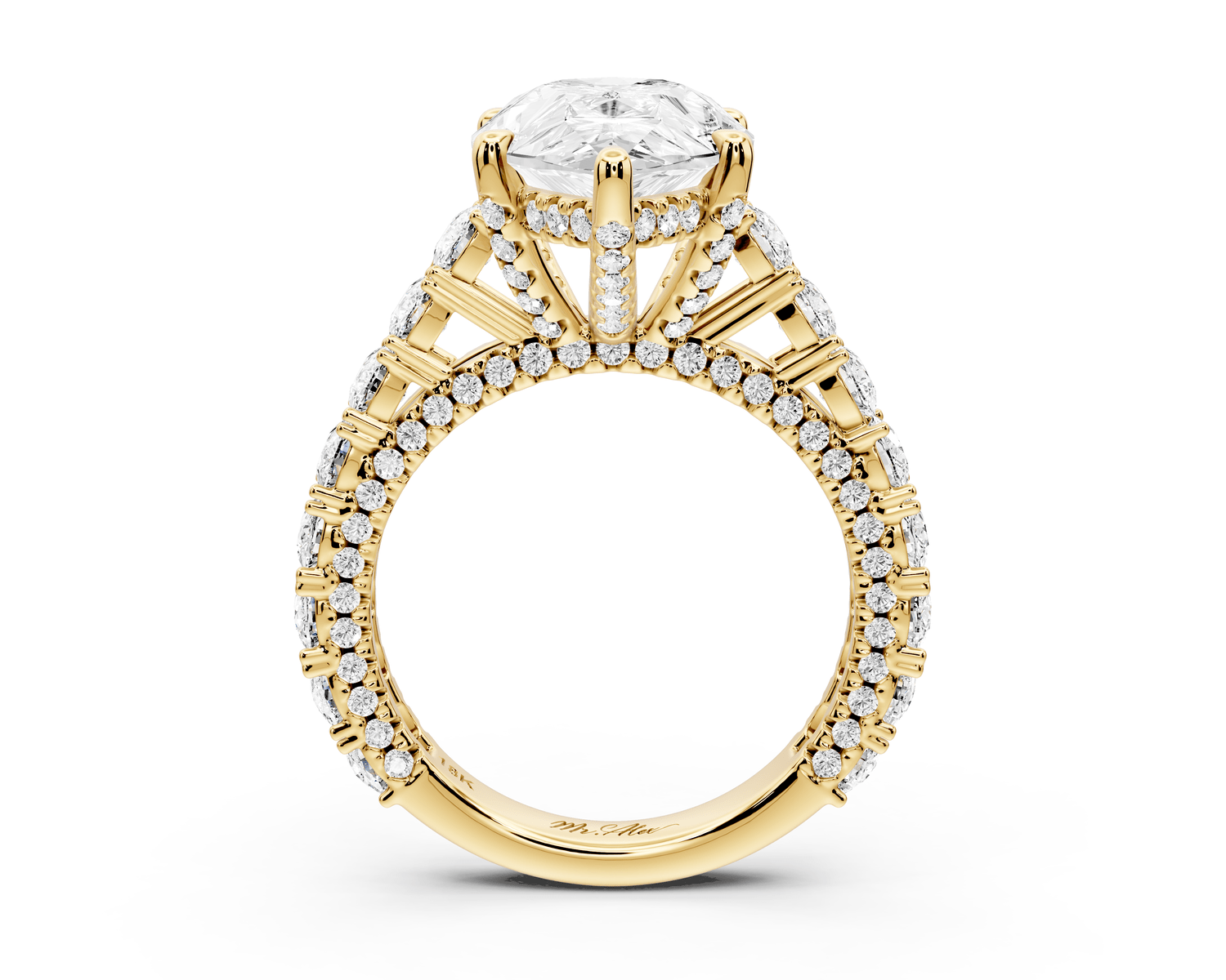 Ivy - 5ct 18k yellow gold pear Diamond Crown Cathedral Rollover Pavé Engagement Ring - Mr. Alex Jewelry