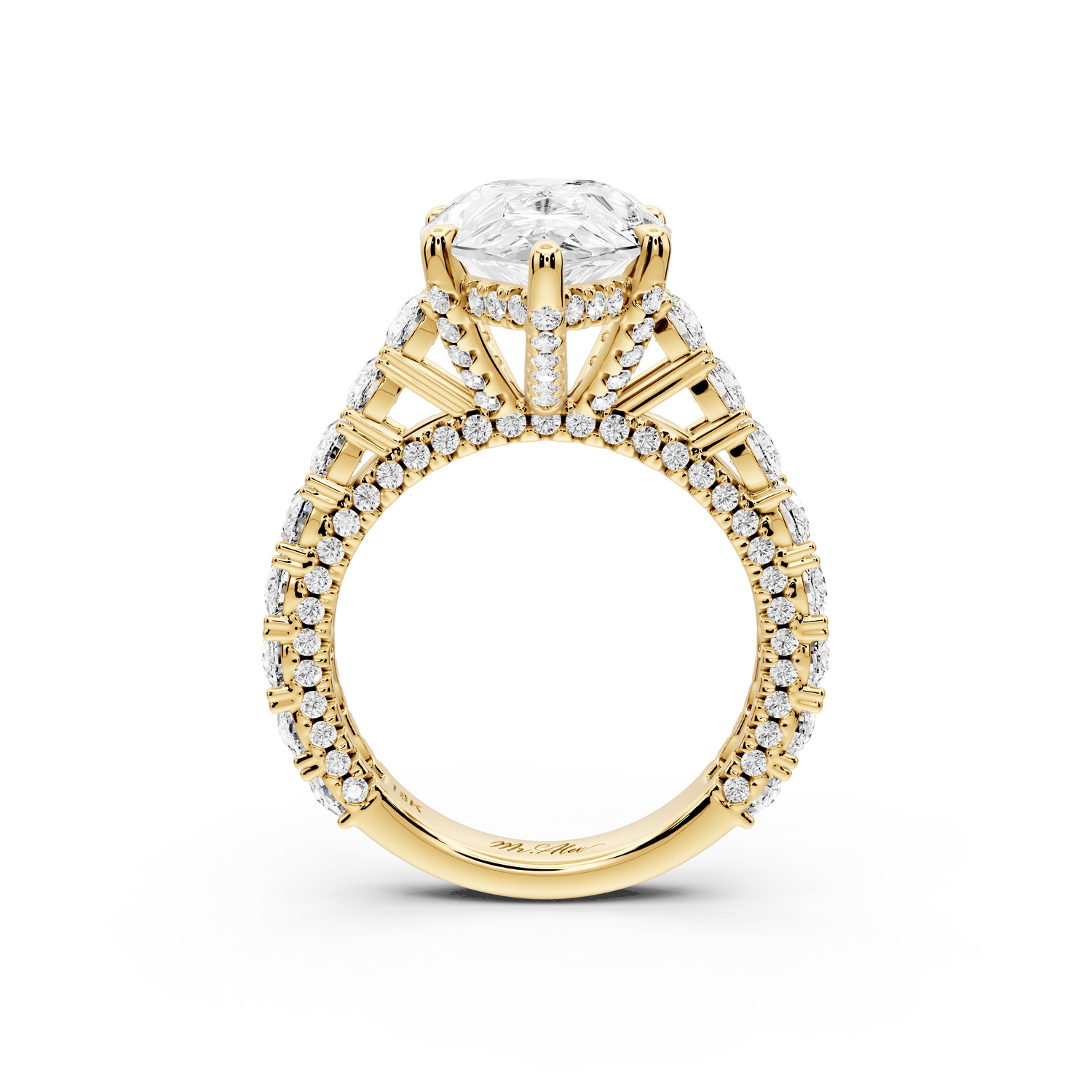 Ivy - 5ct 18k yellow gold pear Diamond Crown Cathedral Rollover Pavé Engagement Ring - Mr. Alex Jewelry