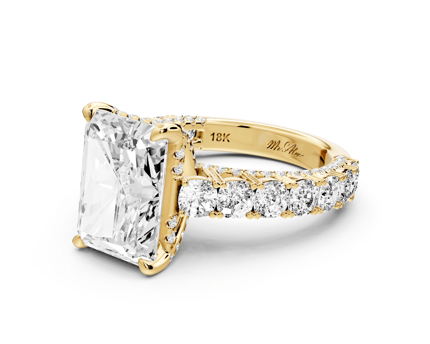 Ivy - 5ct 18k yellow gold radiant Diamond Crown Cathedral Rollover Pavé Engagement Ring - Mr. Alex Jewelry