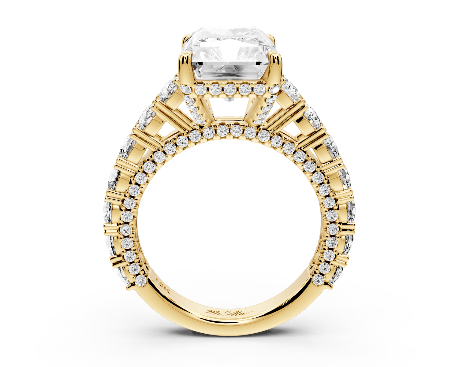 Ivy - 5ct 18k yellow gold radiant Diamond Crown Cathedral Rollover Pavé Engagement Ring - Mr. Alex Jewelry