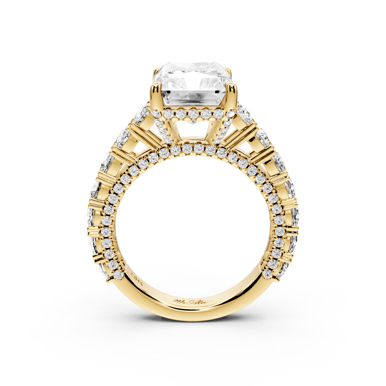 Ivy - 5ct 18k yellow gold radiant Diamond Crown Cathedral Rollover Pavé Engagement Ring - Mr. Alex Jewelry