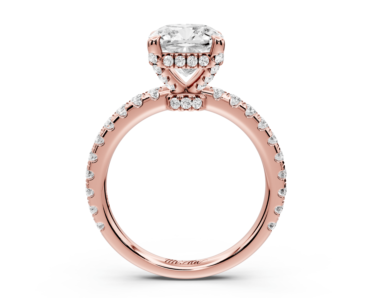 Jade - 2ct 14k rose gold cushion hidden halo diamond crown and bridge pavé engagement ring - Mr. Alex Jewelry