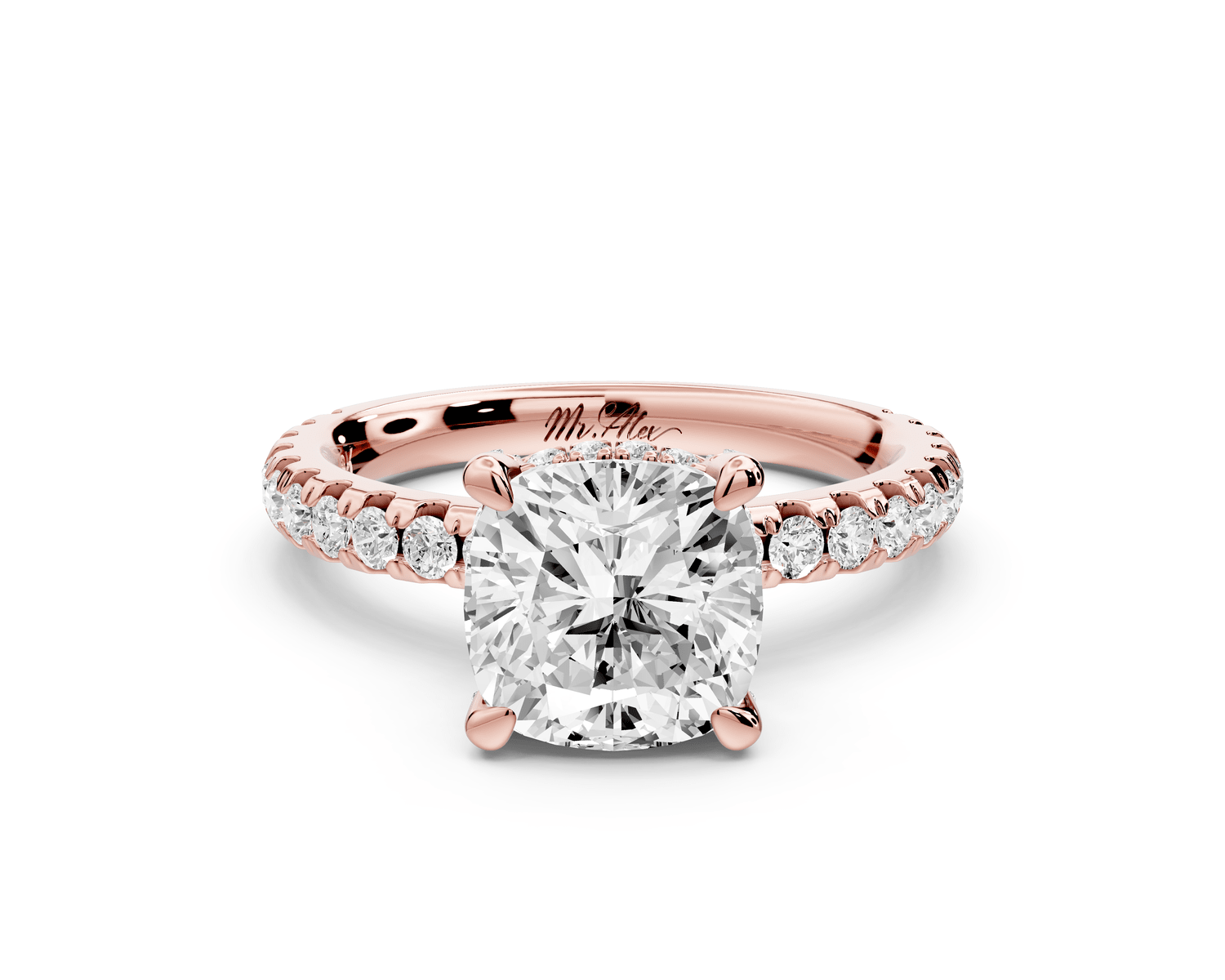 Jade - 2ct 14k rose gold cushion hidden halo diamond crown and bridge pavé engagement ring - Mr. Alex Jewelry