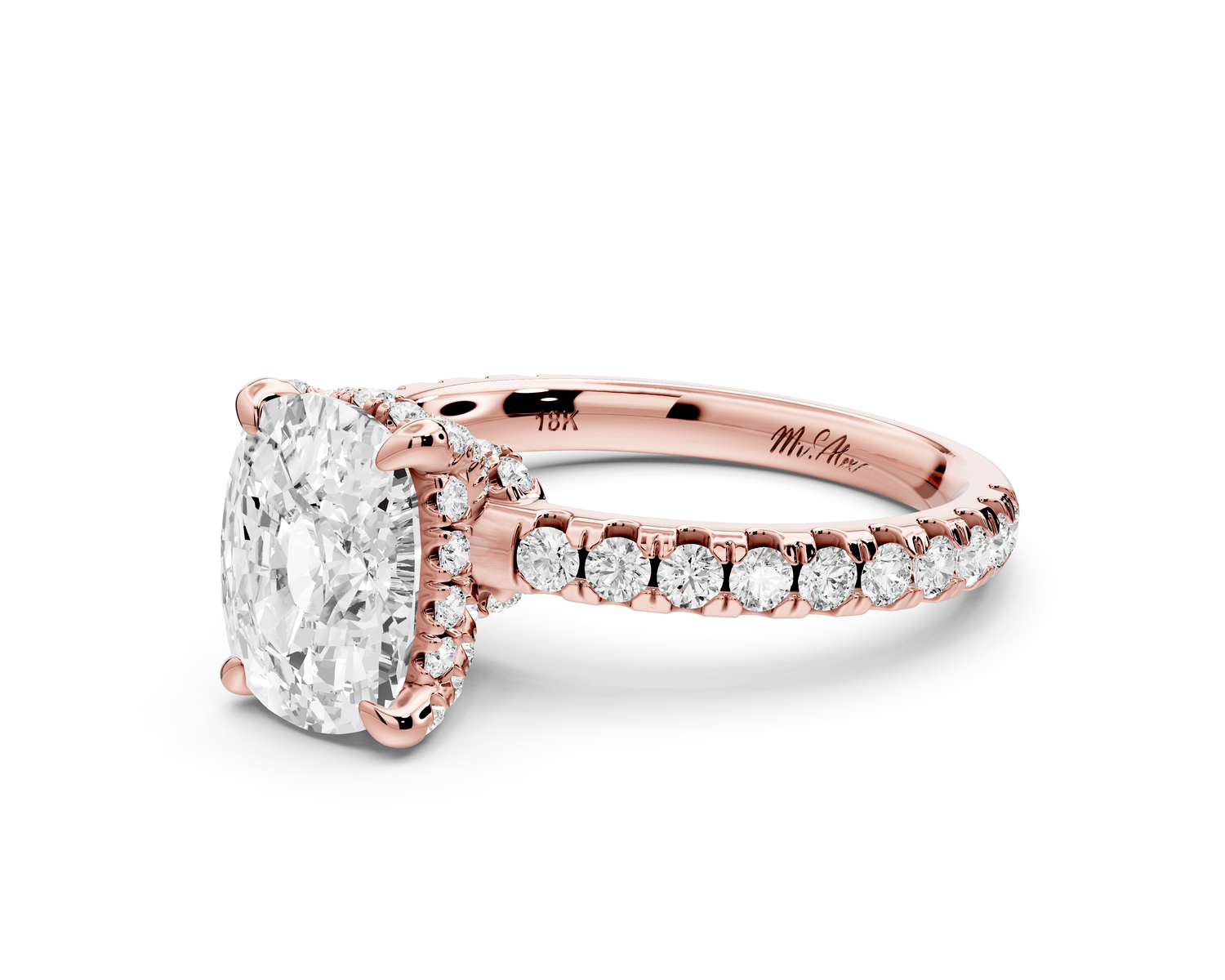 Jade - 2ct 14k rose gold ecushion hidden halo diamond crown and bridge pavé engagement ring - Mr. Alex Jewelry