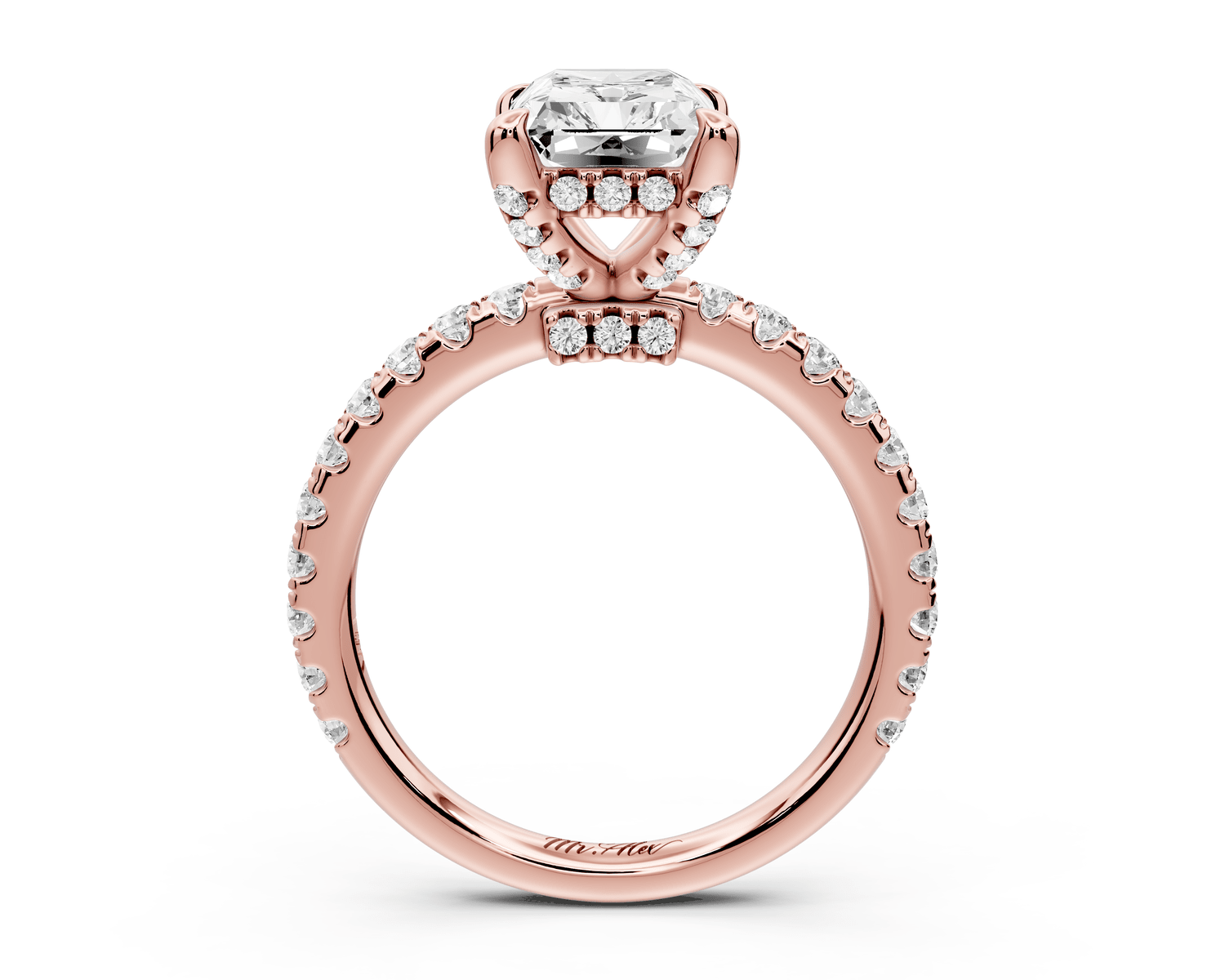Jade - 2ct 14k rose gold radiant hidden halo diamond crown and bridge pavé engagement ring - Mr. Alex Jewelry