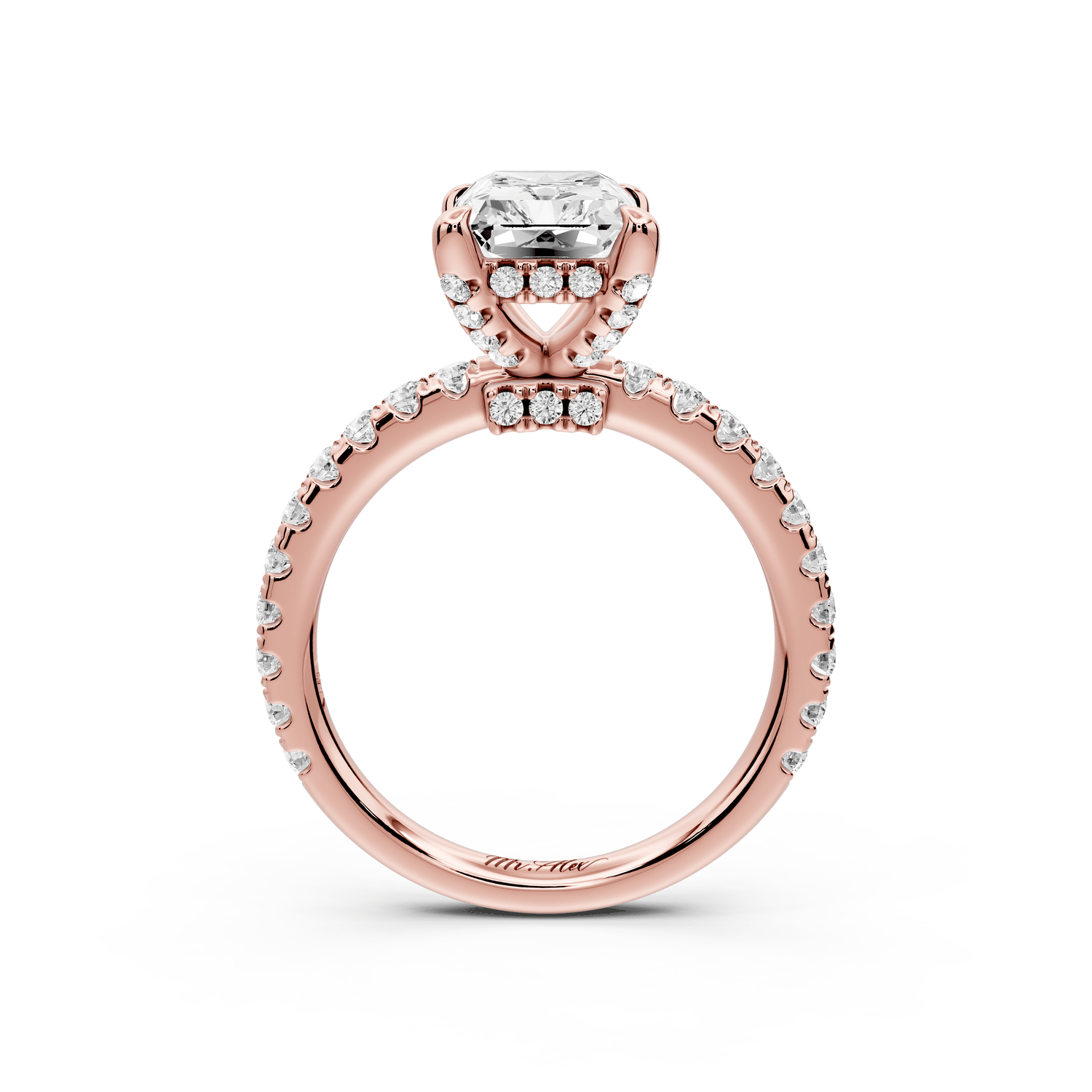 Jade - 2ct 14k rose gold radiant hidden halo diamond crown and bridge pavé engagement ring - Mr. Alex Jewelry