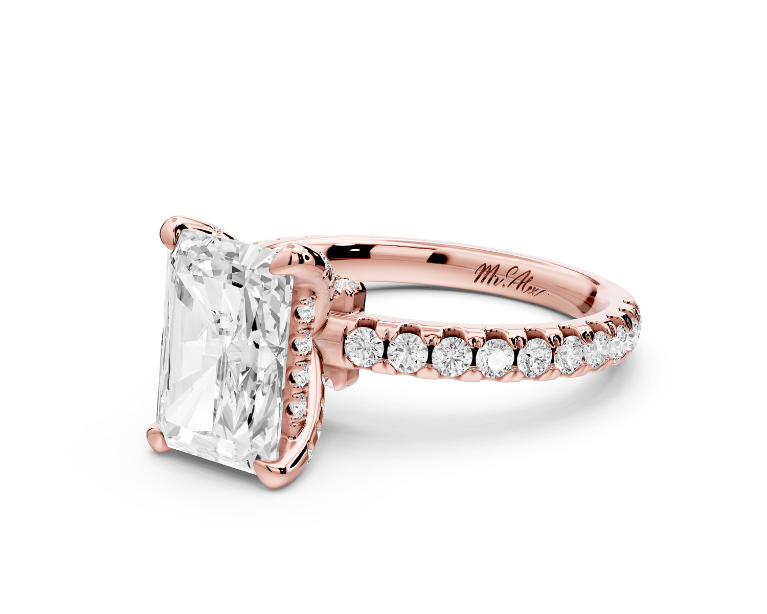 Jade - 2ct 14k rose gold radiant hidden halo diamond crown and bridge pavé engagement ring - Mr. Alex Jewelry