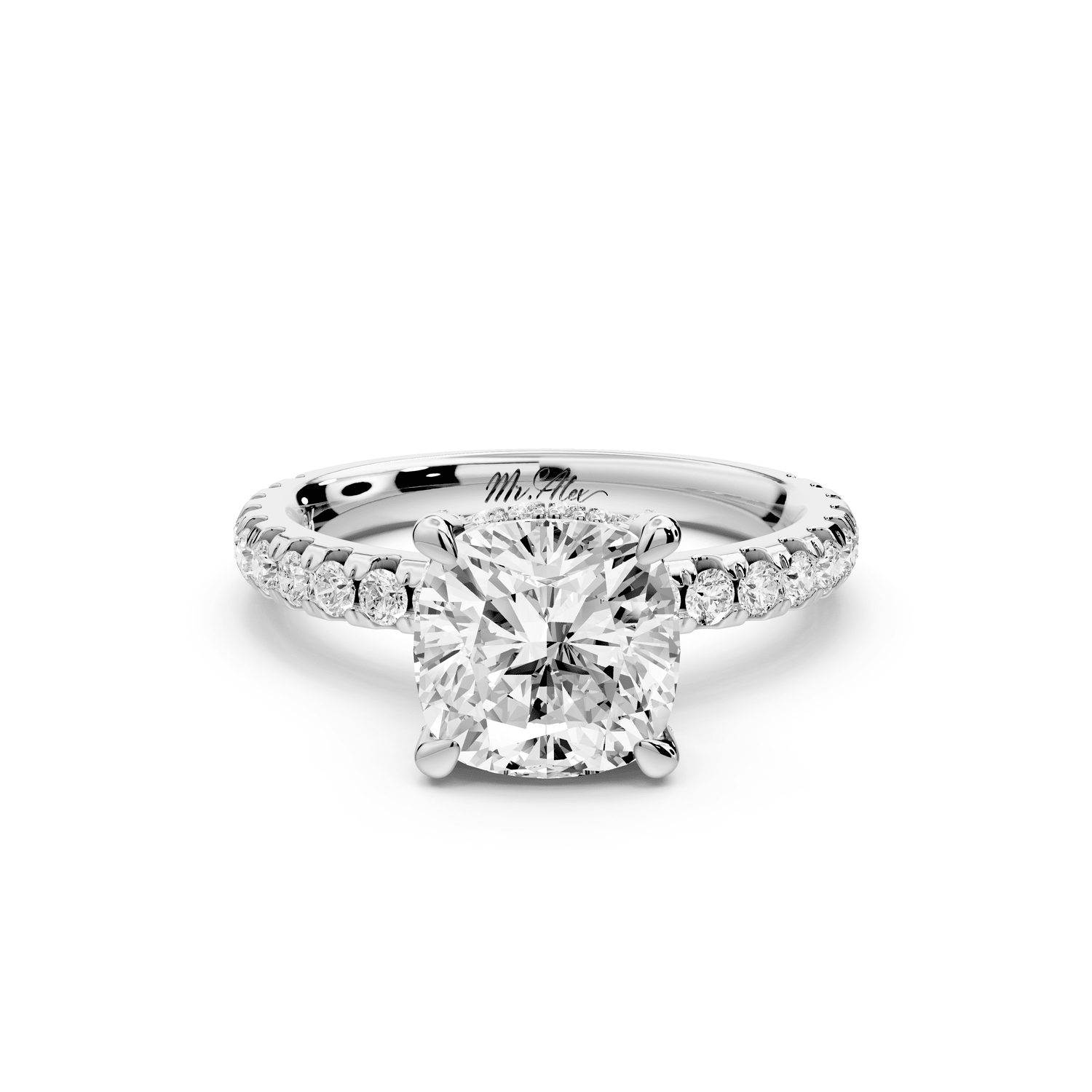 Jade - 2ct 14k white gold cushion hidden halo diamond crown and bridge pavé engagement ring - Mr. Alex Jewelry