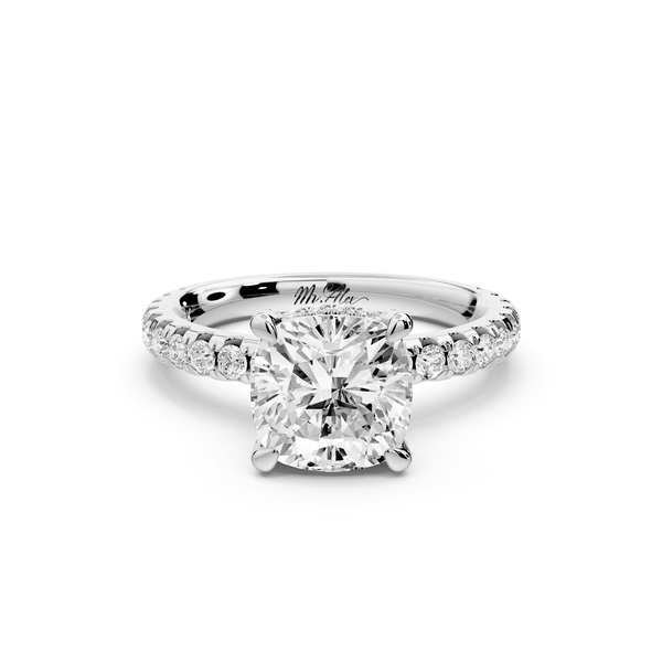 Jade - 2ct 14k white gold cushion hidden halo diamond crown and bridge pavé engagement ring - Mr. Alex Jewelry
