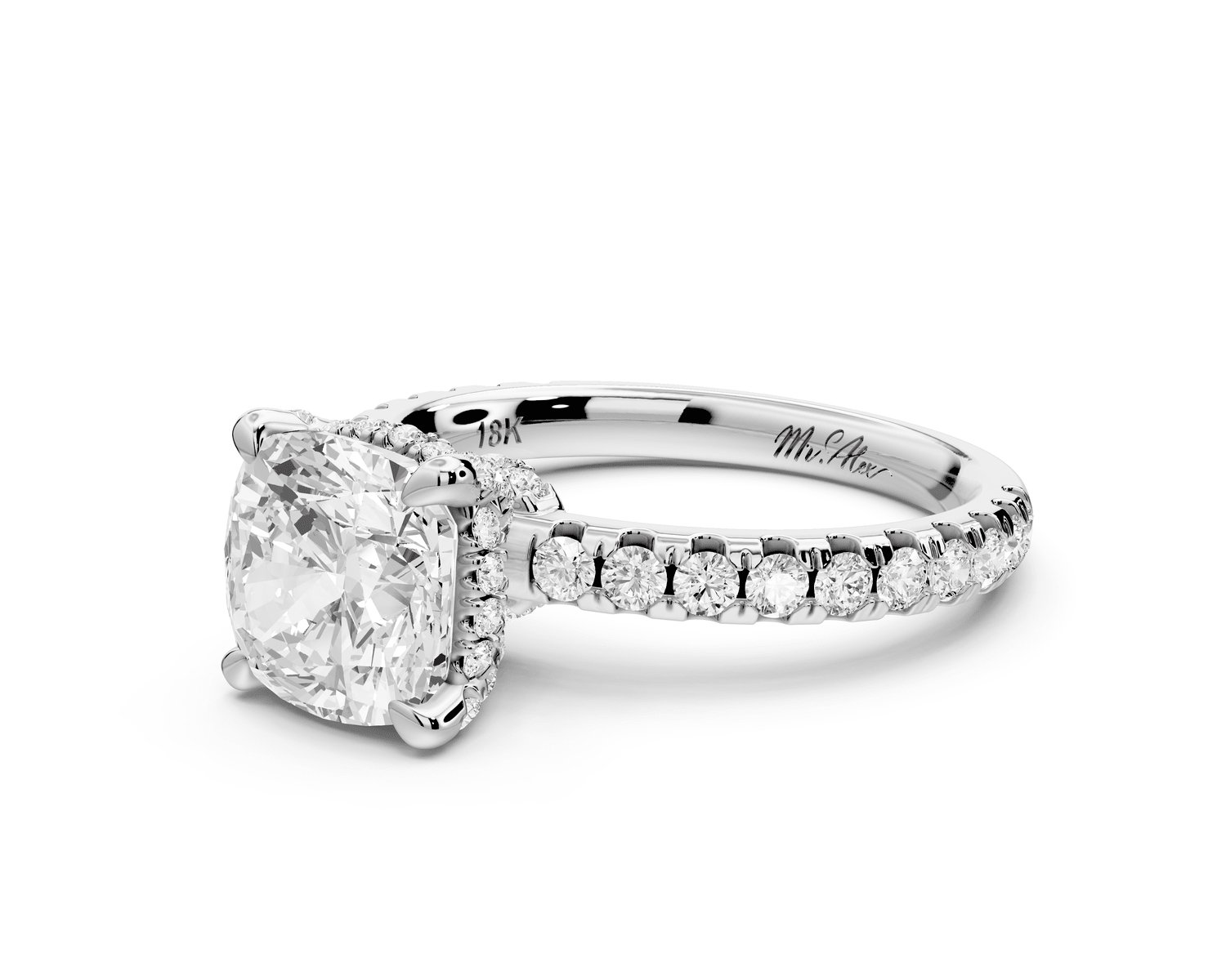 Jade - 2ct 14k white gold cushion hidden halo diamond crown and bridge pavé engagement ring - Mr. Alex Jewelry