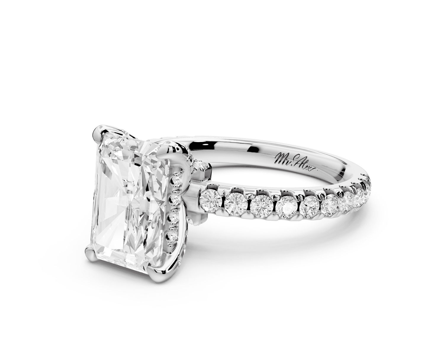 Jade - 2ct 14k white gold radiant hidden halo diamond crown and bridge pavé engagement ring - Mr. Alex Jewelry