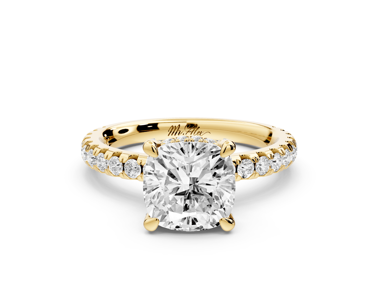 Jade - 2ct 14k yellow gold cushion hidden halo diamond crown and bridge pavé engagement ring - Mr. Alex Jewelry