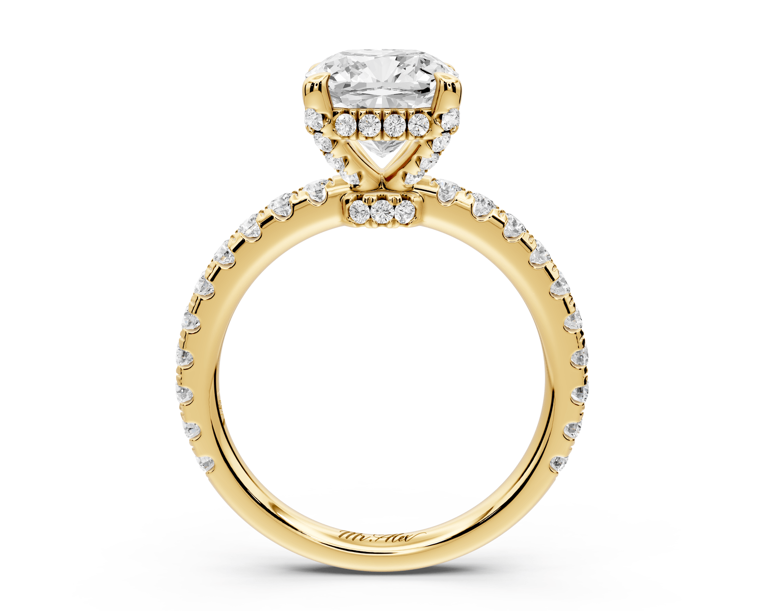 Jade - 2ct 14k yellow gold cushion hidden halo diamond crown and bridge pavé engagement ring - Mr. Alex Jewelry