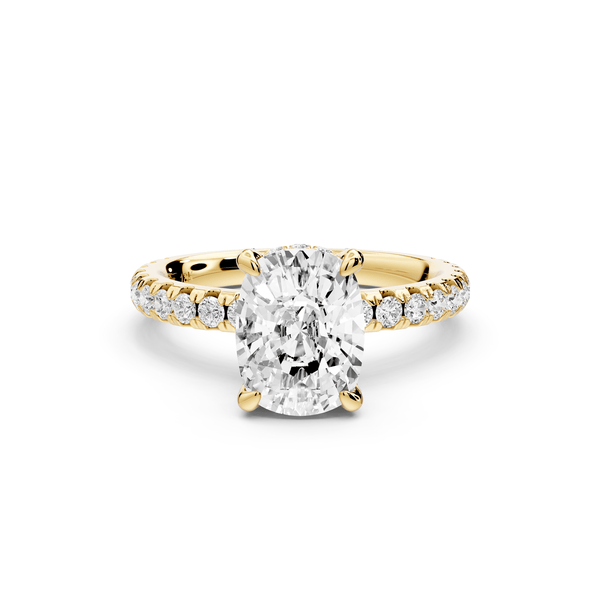 Jade - 2ct 14k yellow gold ecushion hidden halo diamond crown and bridge pavé engagement ring - Mr. Alex Jewelry