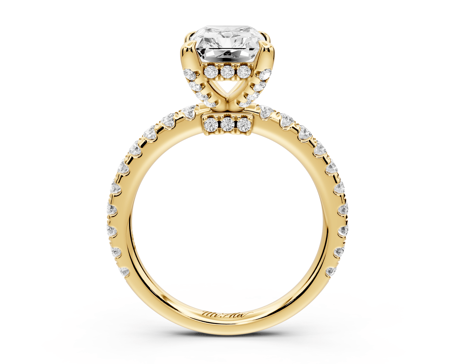 Jade - 2ct 14k yellow gold radiant hidden halo diamond crown and bridge pavé engagement ring - Mr. Alex Jewelry