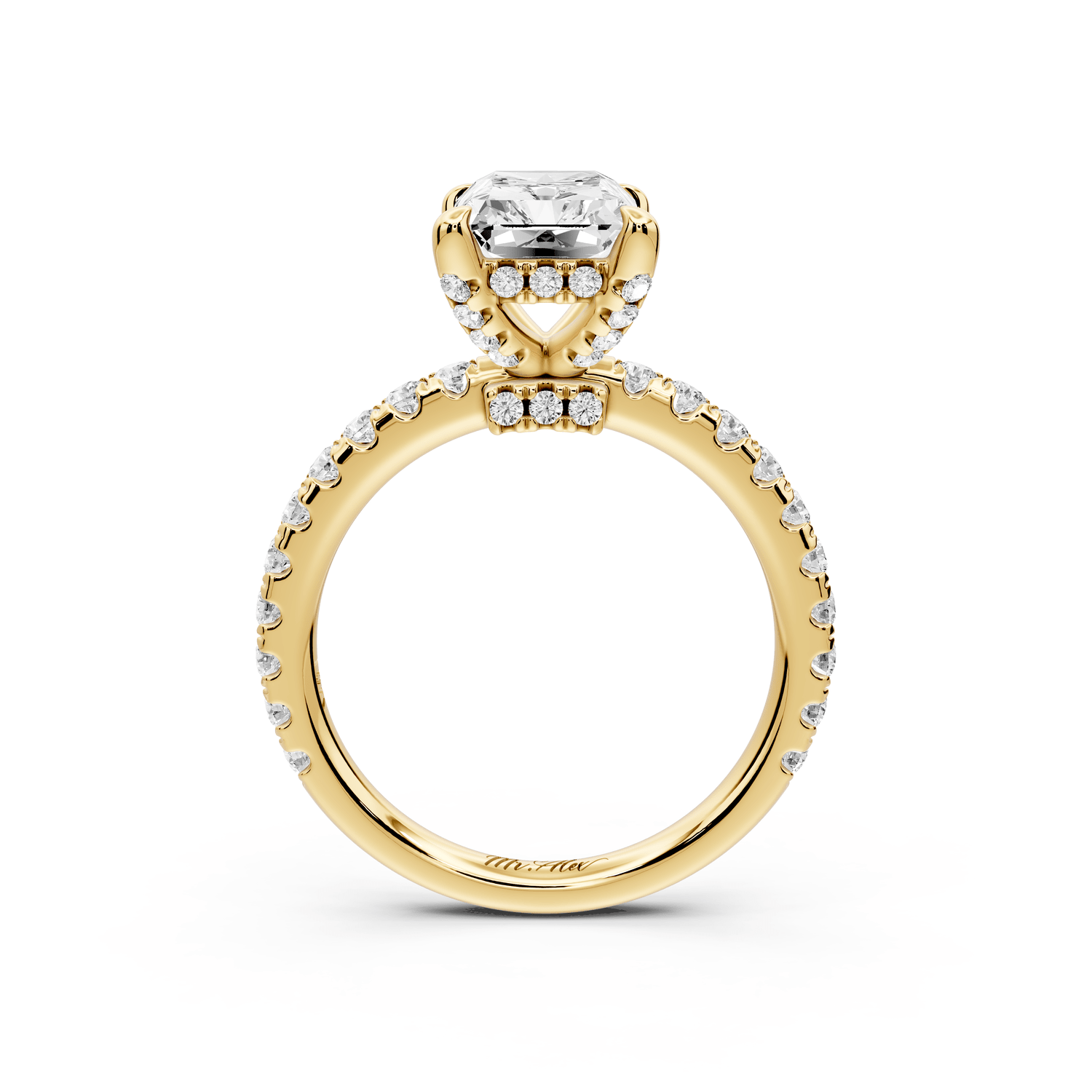 Jade - 2ct 14k yellow gold radiant hidden halo diamond crown and bridge pavé engagement ring - Mr. Alex Jewelry