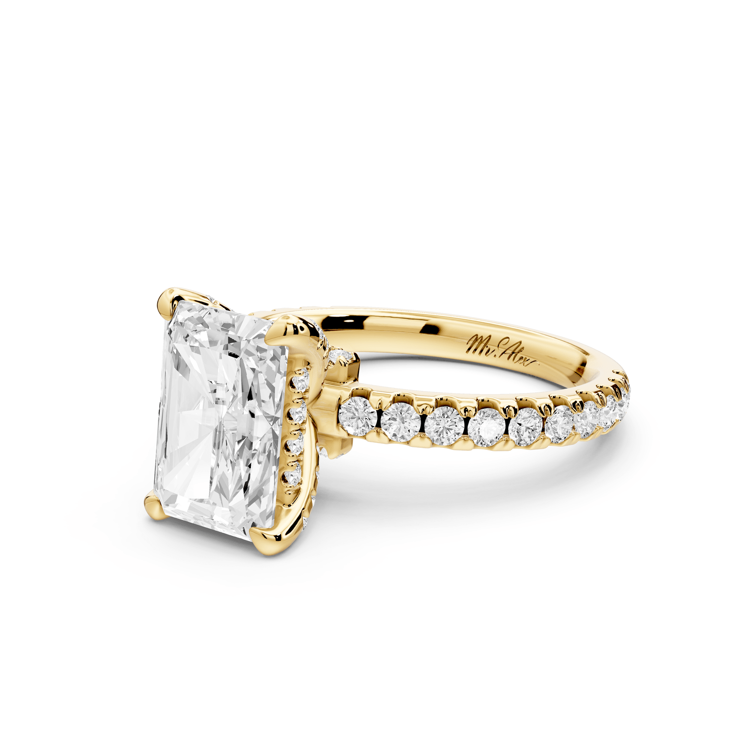 Jade - 2ct 14k yellow gold radiant hidden halo diamond crown and bridge pavé engagement ring - Mr. Alex Jewelry